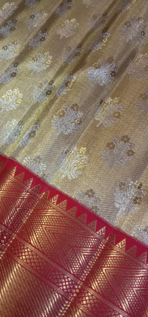 GOLD/RED BORDER COMBITION PURE KANCHI SILK SAREE