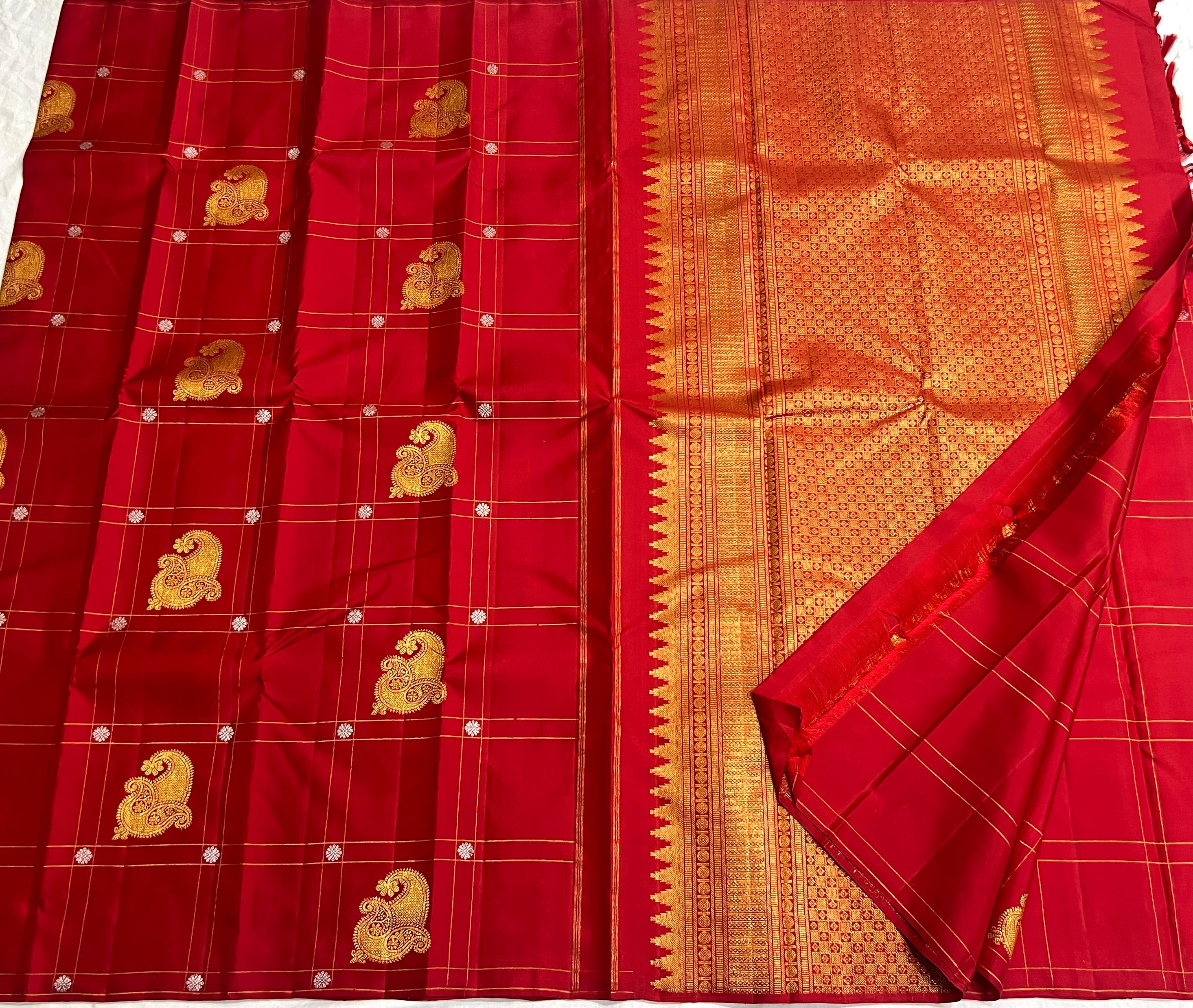 TOMATO RED  BORDER COMBITION PURE KANCHI SILK SAREE