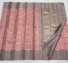 PEACH/ASH  BORDER COMBITION PURE KANCHI SILK SAREE