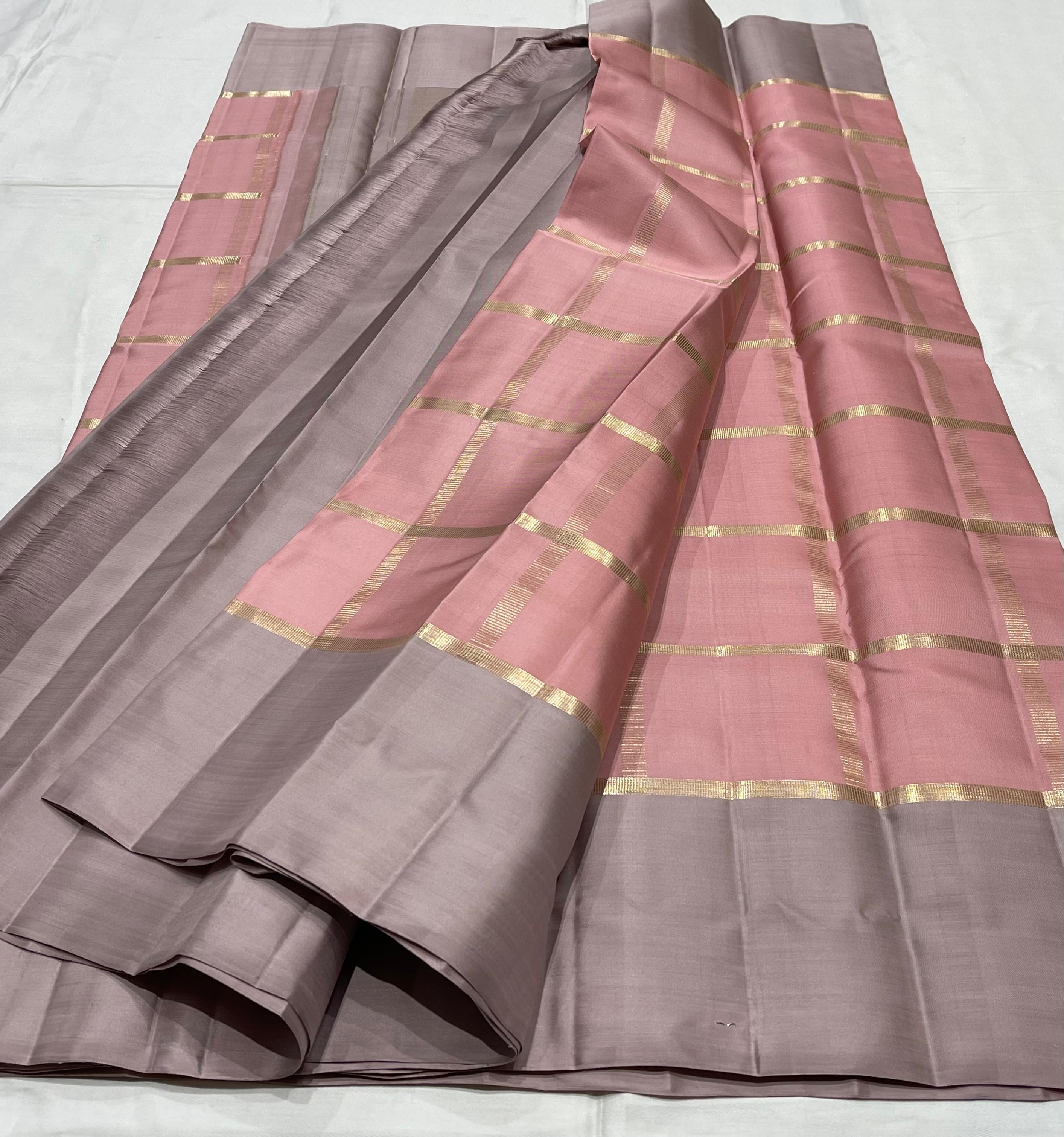 PEACH/ASH  BORDER COMBITION PURE KANCHI SILK SAREE