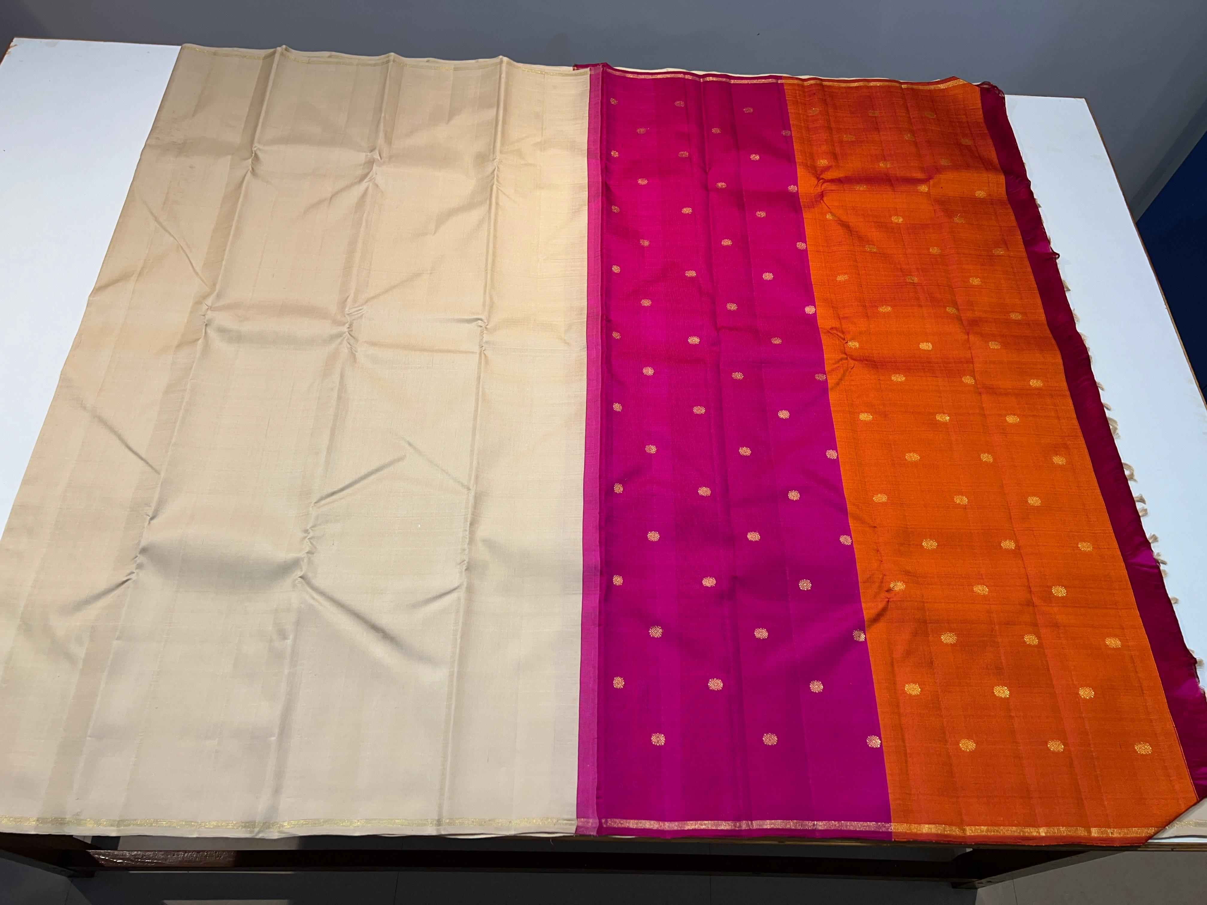 HALF WHITE \ PINK & ORANGE COLOUR COMBINATION KACHIPURAM SILK SAREE