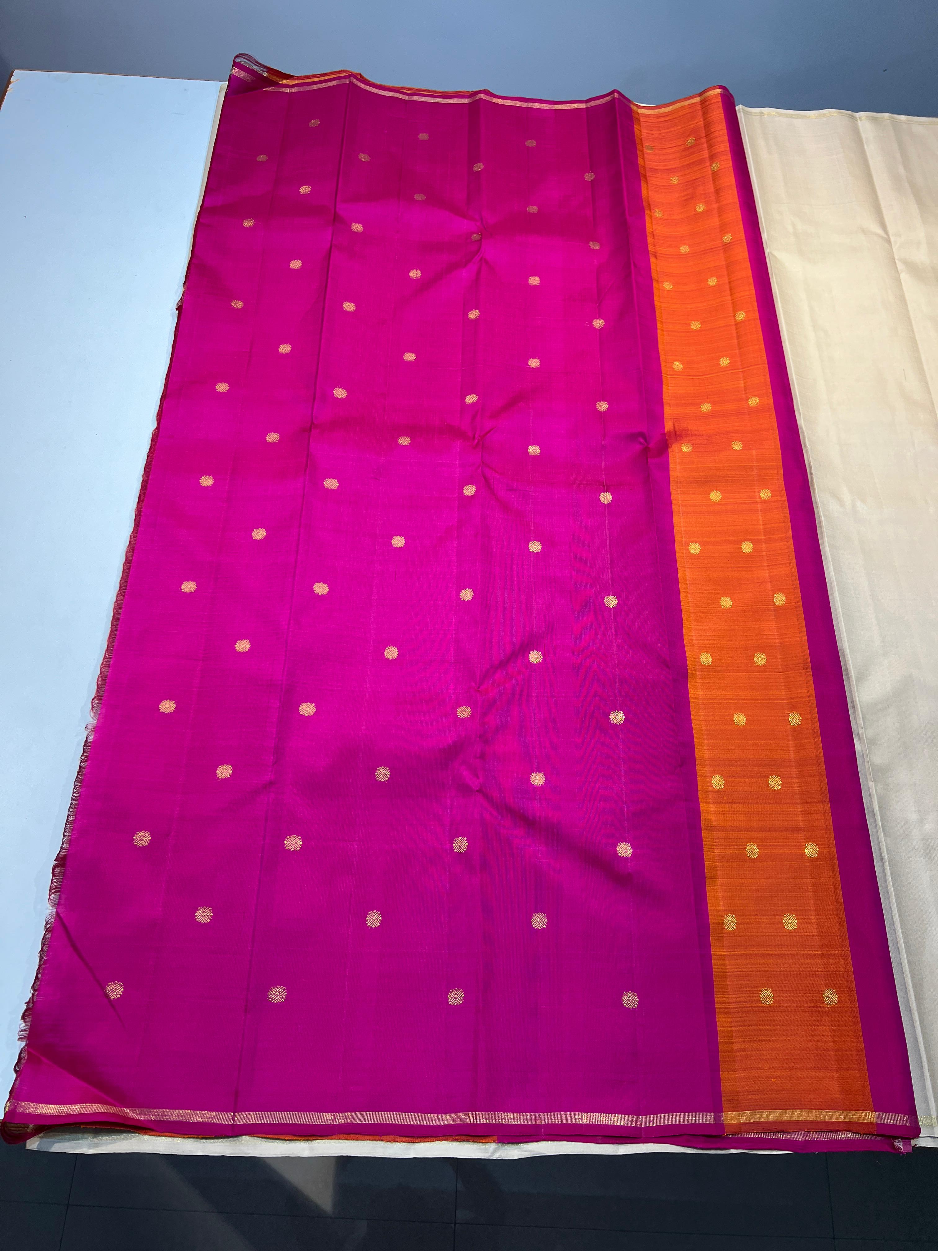 HALF WHITE \ PINK & ORANGE COLOUR COMBINATION KACHIPURAM SILK SAREE