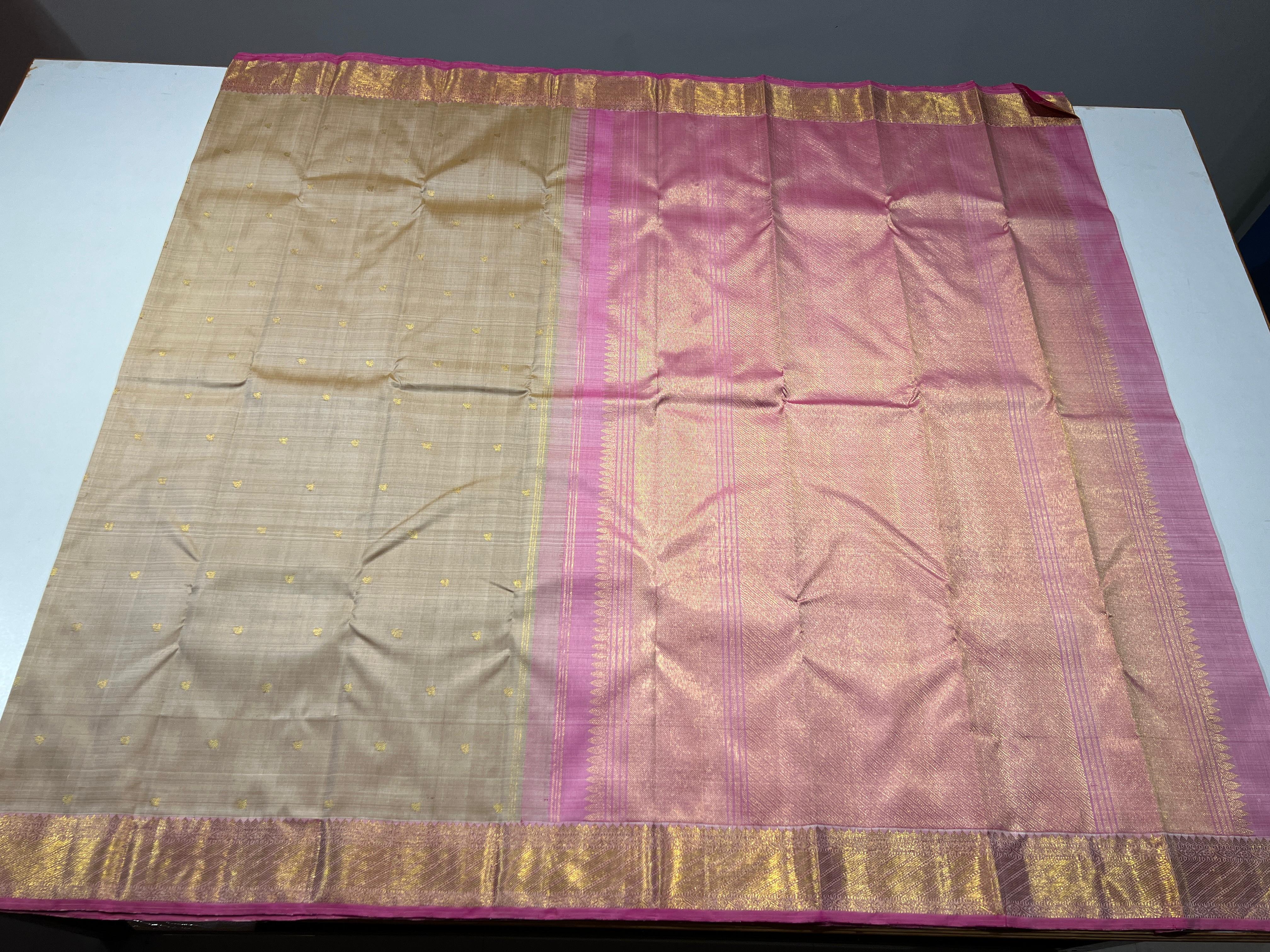 BEIGE & PINK COLOUR COMBINATION KANCHIPURAM SILK SAREE