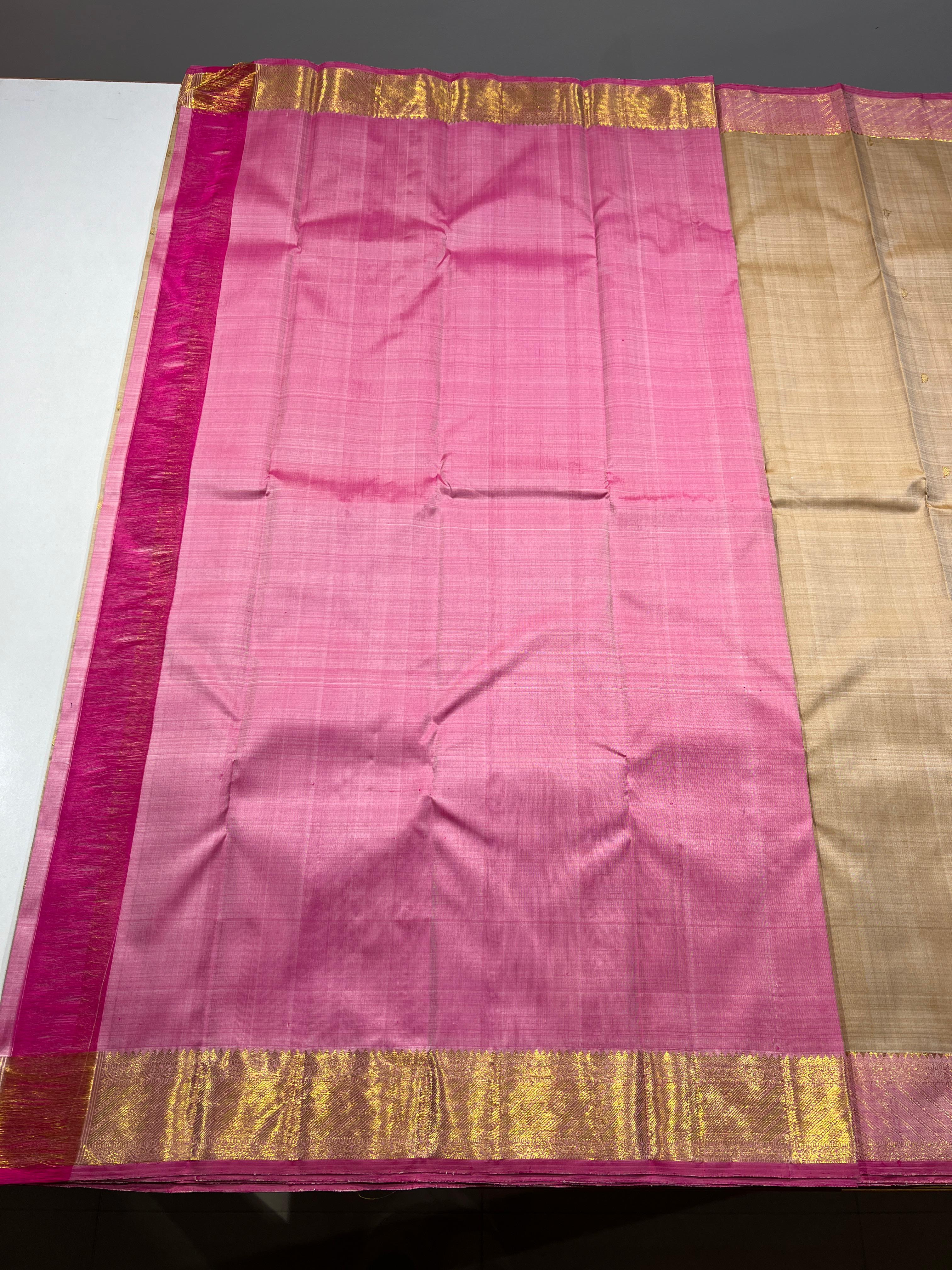 BEIGE & PINK COLOUR COMBINATION KANCHIPURAM SILK SAREE