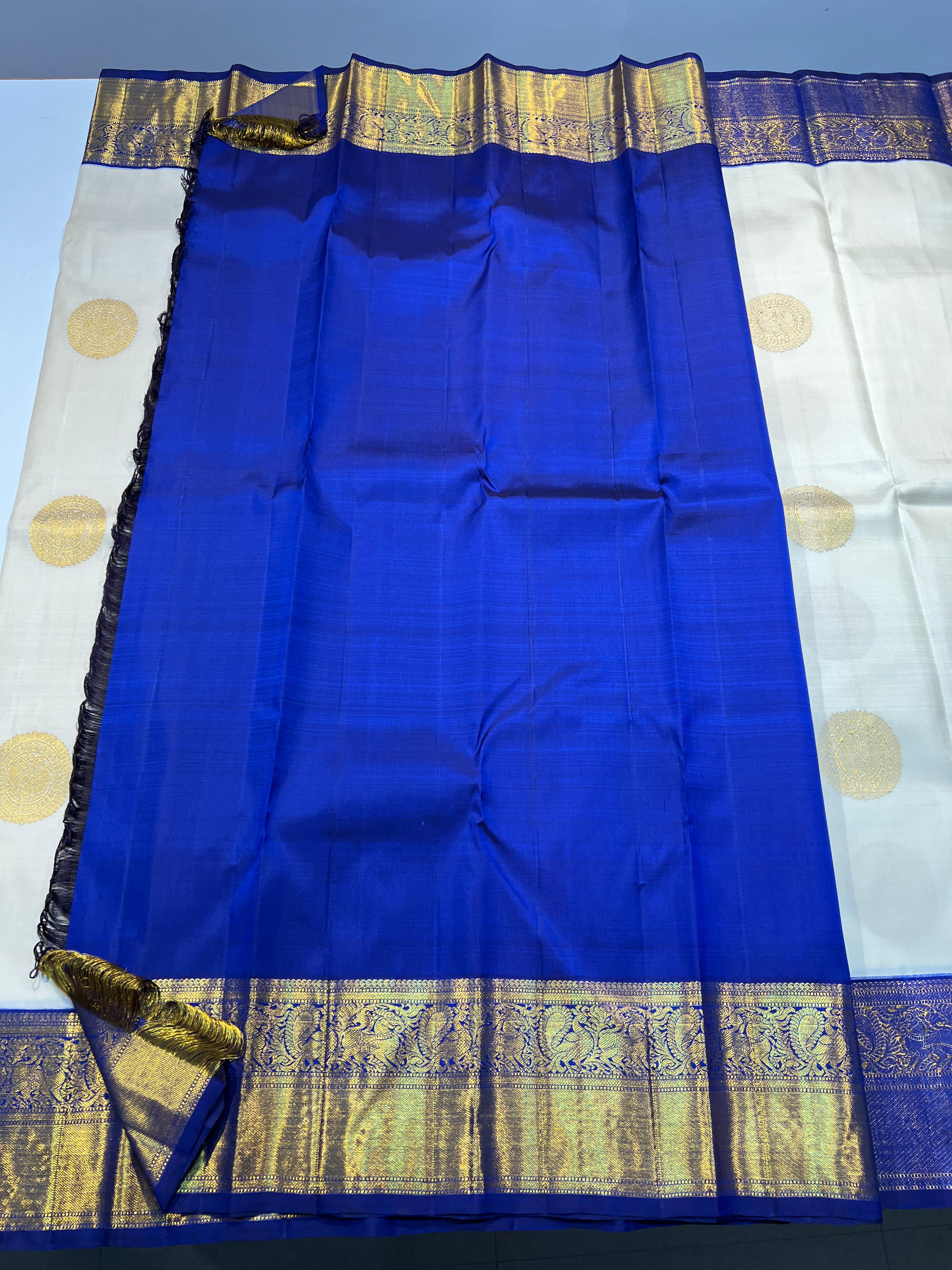 HALF WHITE / ROYAL BLUE KANCHI SAREE