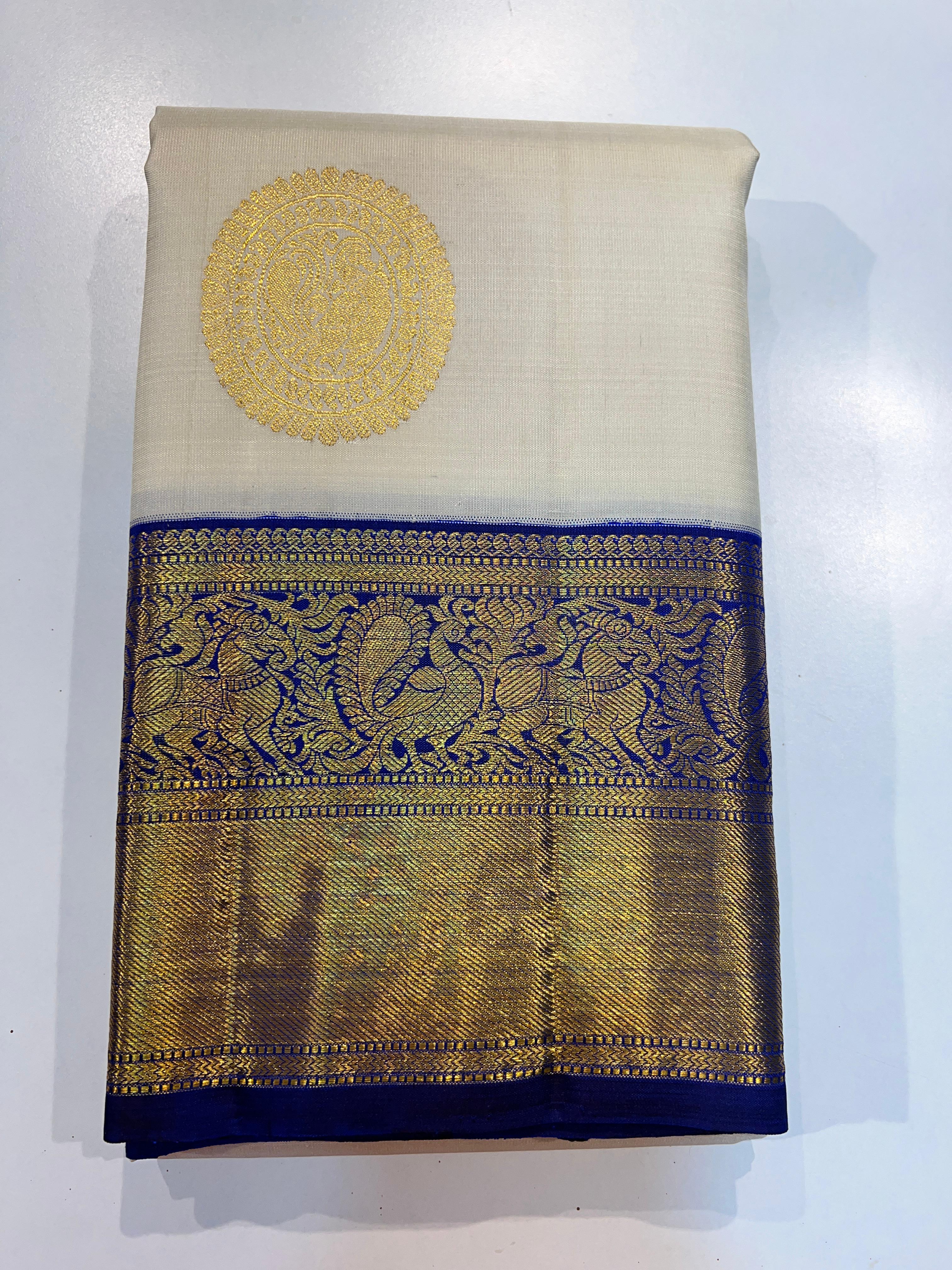 HALF WHITE / ROYAL BLUE KANCHI SAREE