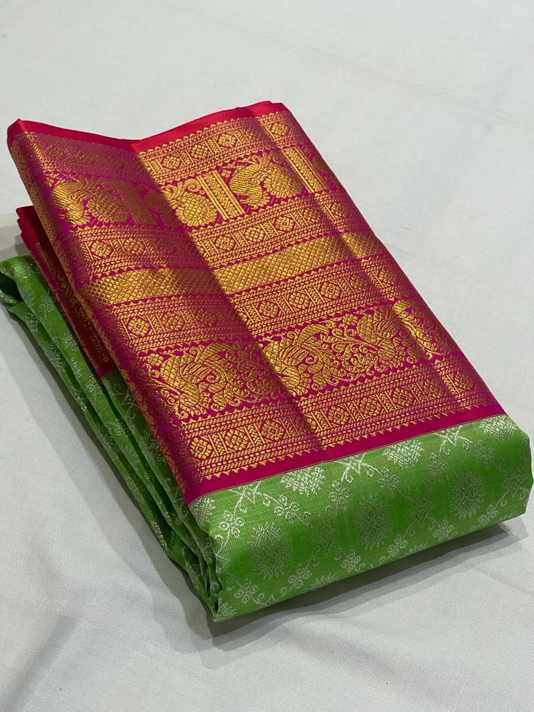 GREEN / PINKISH RED  KANCHI TISSUE SAREE