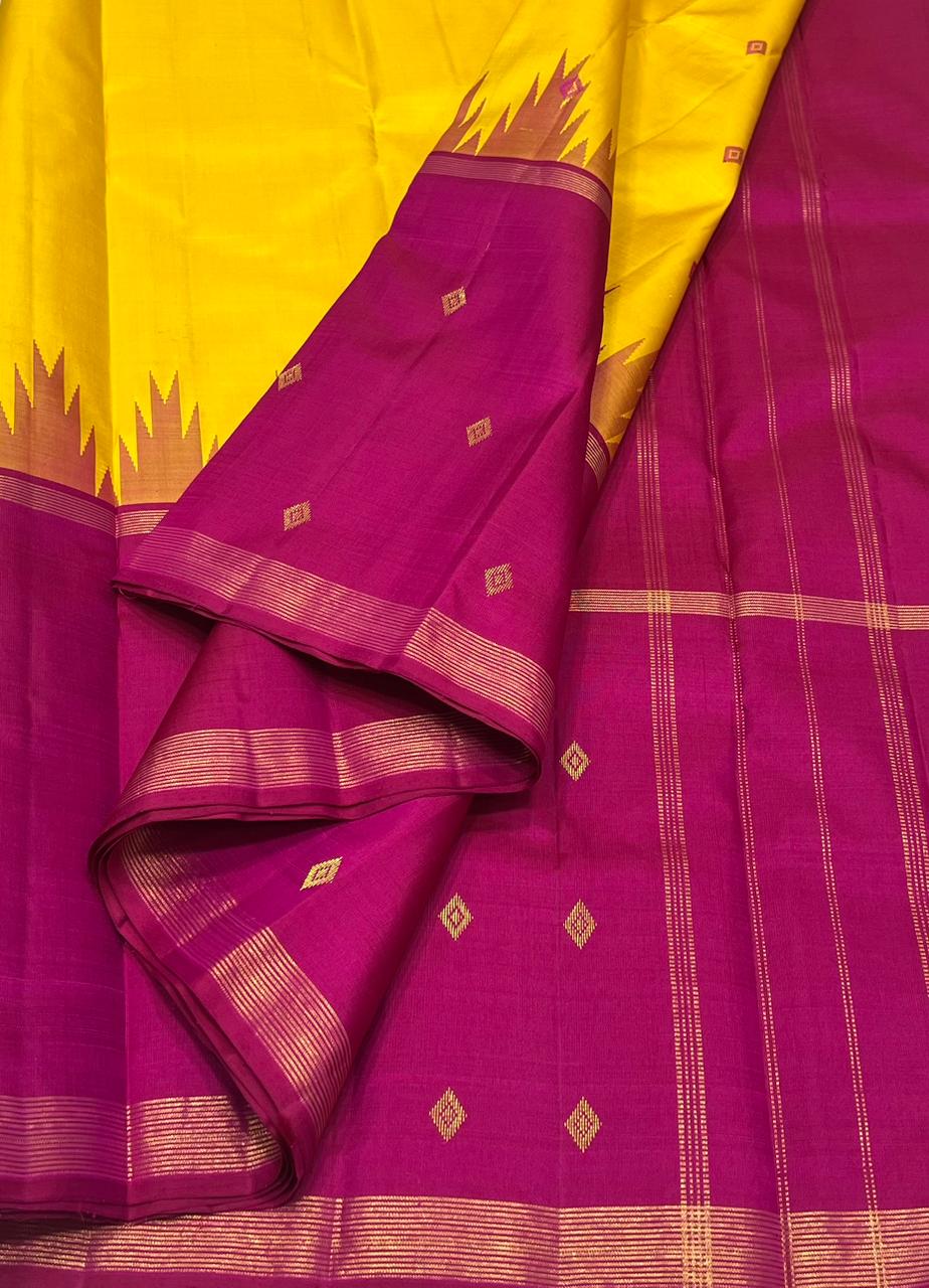 YELLOW / PINK TEMPLE  SILK SAREE