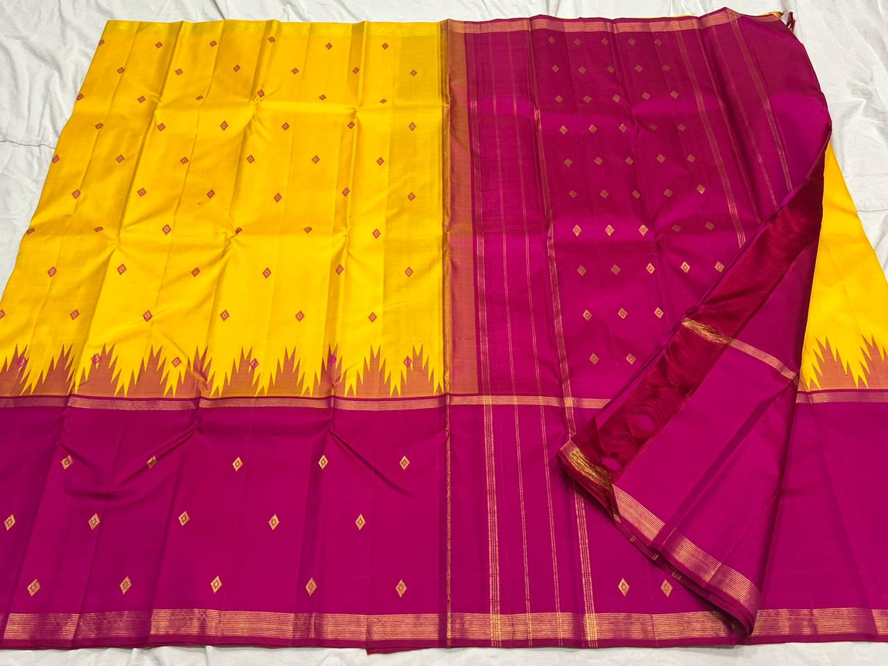 YELLOW / PINK TEMPLE  SILK SAREE