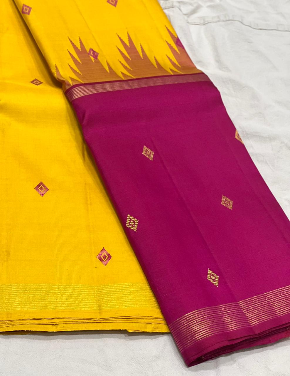 YELLOW / PINK TEMPLE  SILK SAREE