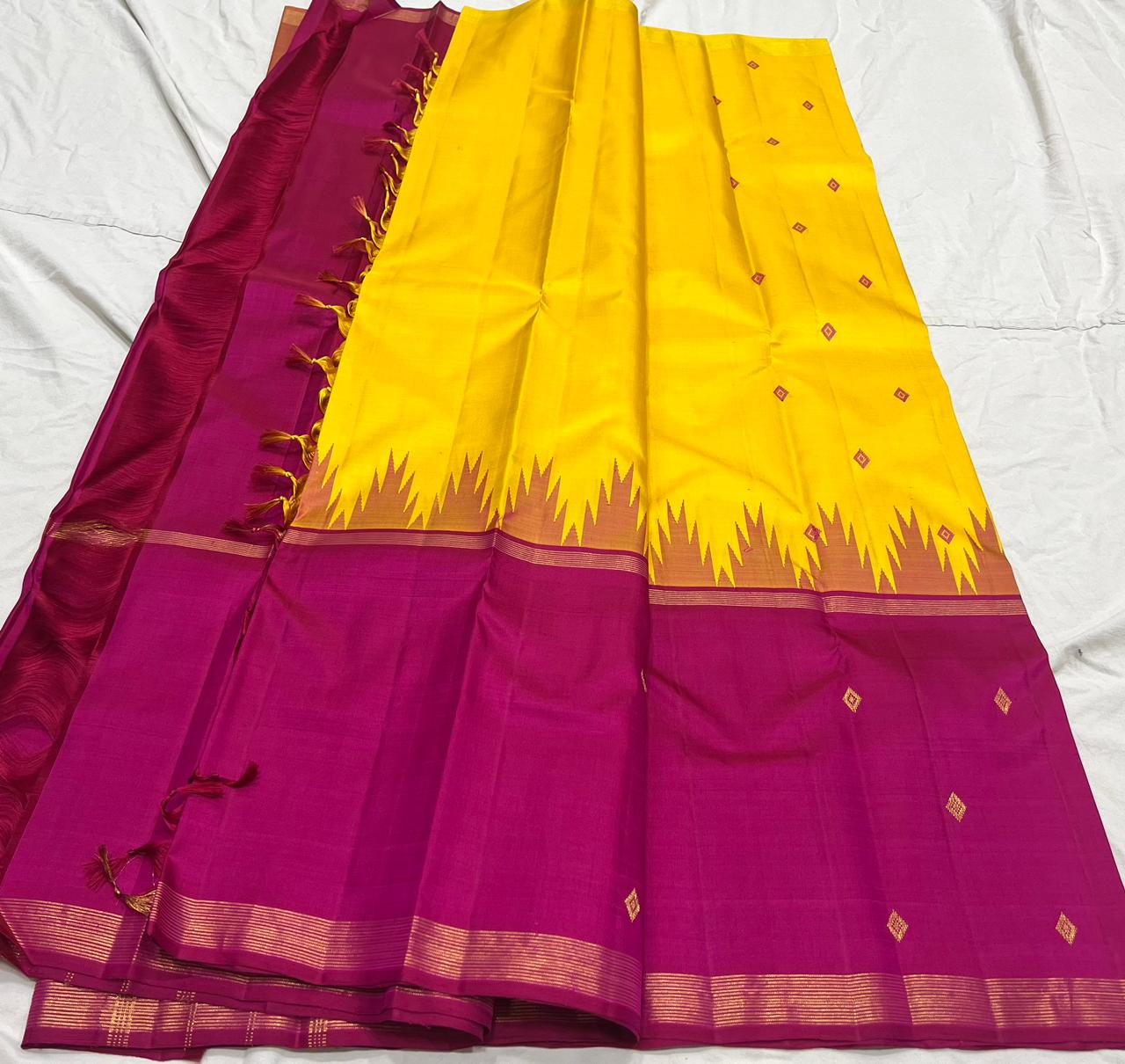 YELLOW / PINK TEMPLE  SILK SAREE