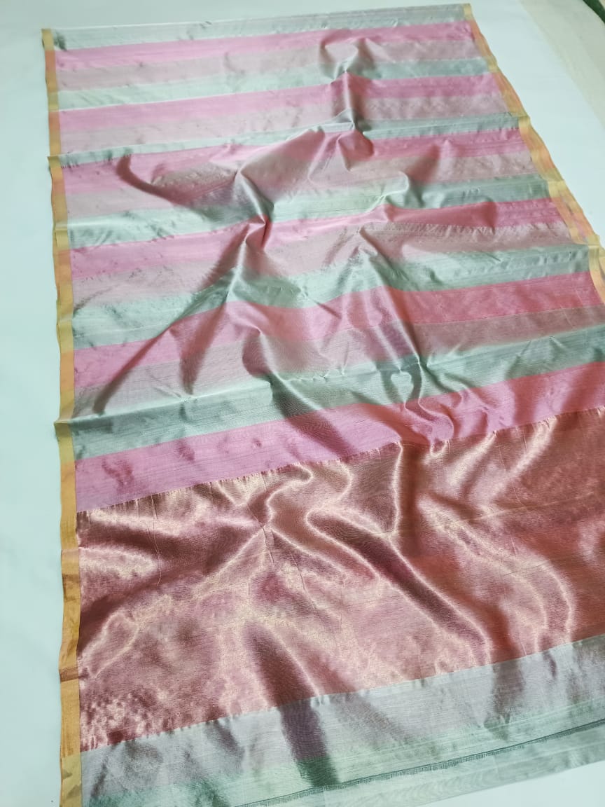 MINT GREEN / PINK STRIPS CHANDERI SAREE