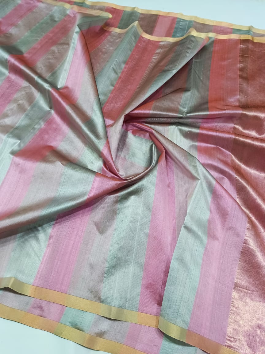 MINT GREEN / PINK STRIPS CHANDERI SAREE