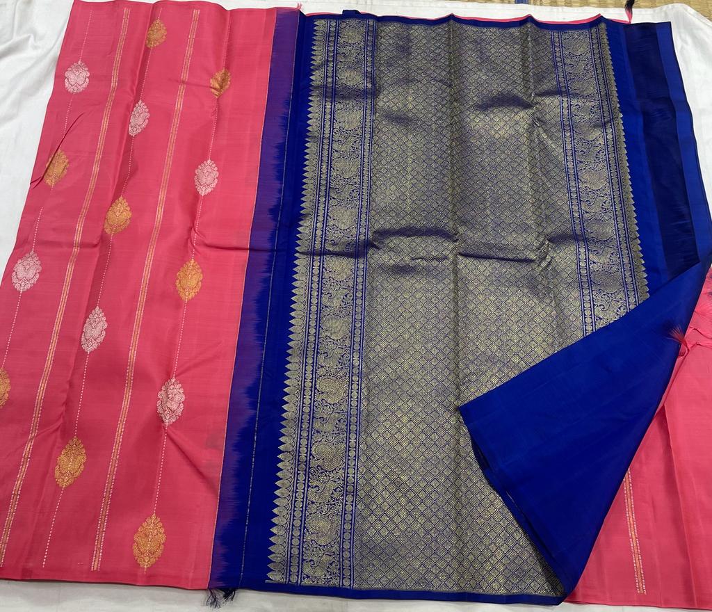 PEACH PINK / BLUE BORDERLESS SAREE