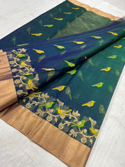 Elegant Peacock Green Silk Saree with Golden Detailing