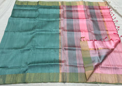 MINT GREEN / PINK SIMPLE TUSSAR SILK SAREE