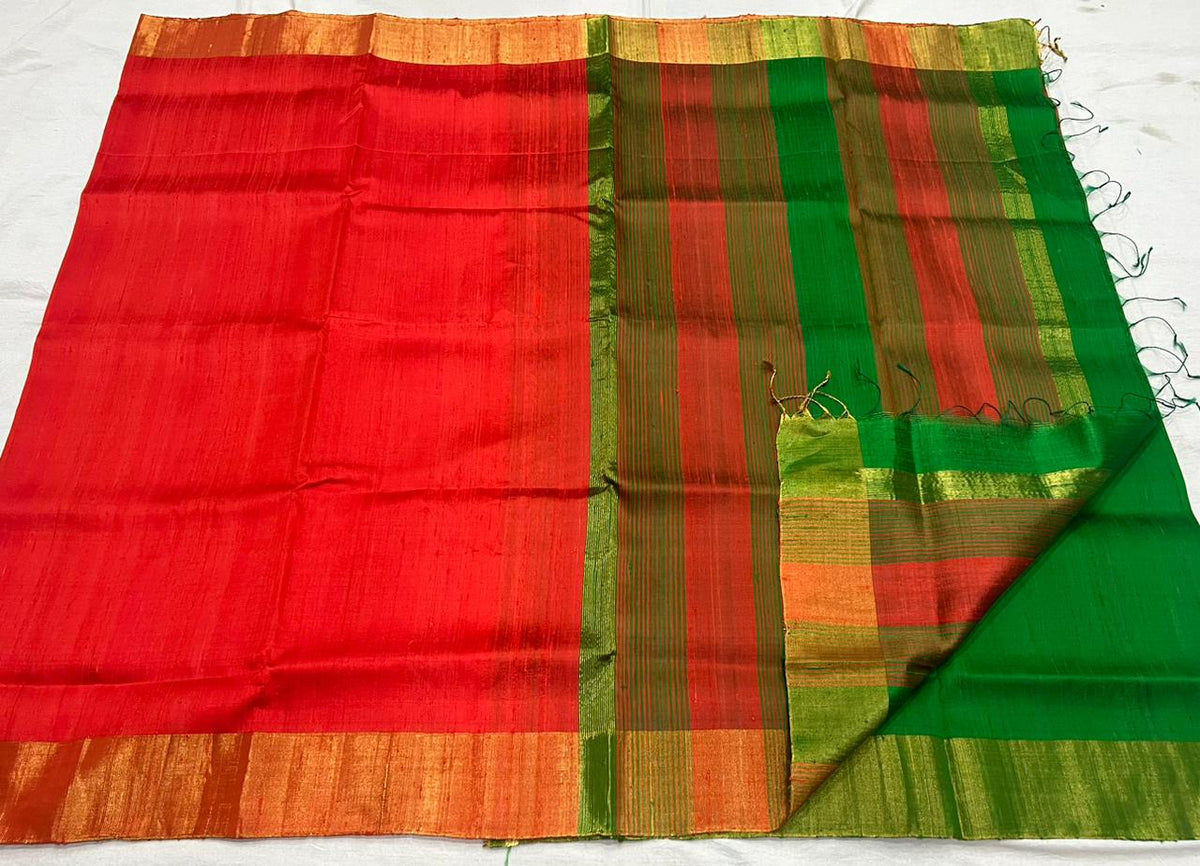 RED / GREEN SIMPLE TUSSAR SILK SAREE