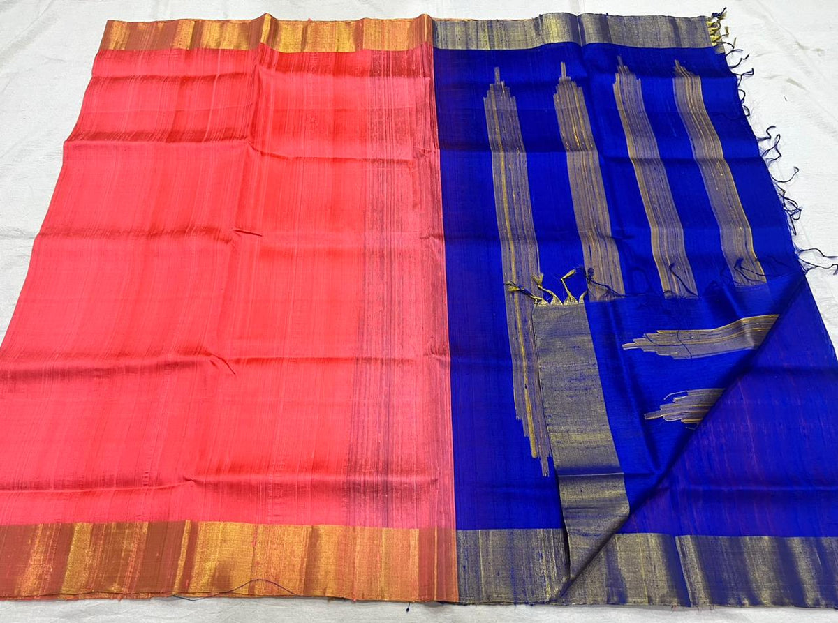 PEACH BLUE SIMPLE TUSSAR SILK SAREE