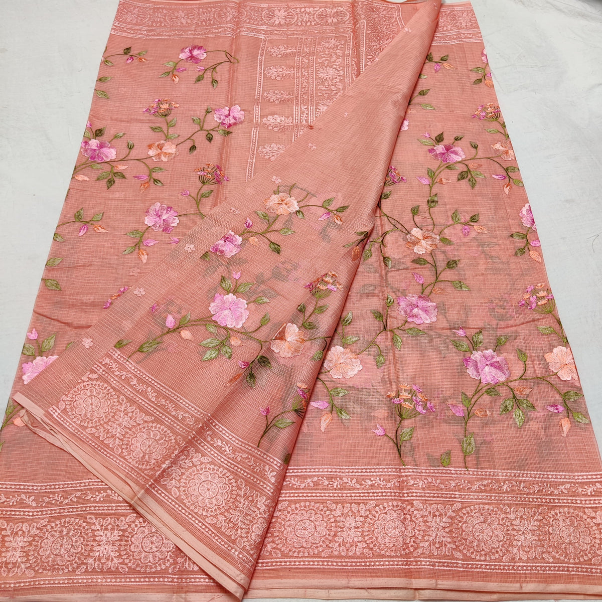 PEACH EMBROIDERY PURE COTTON KOTA HANDLOOM