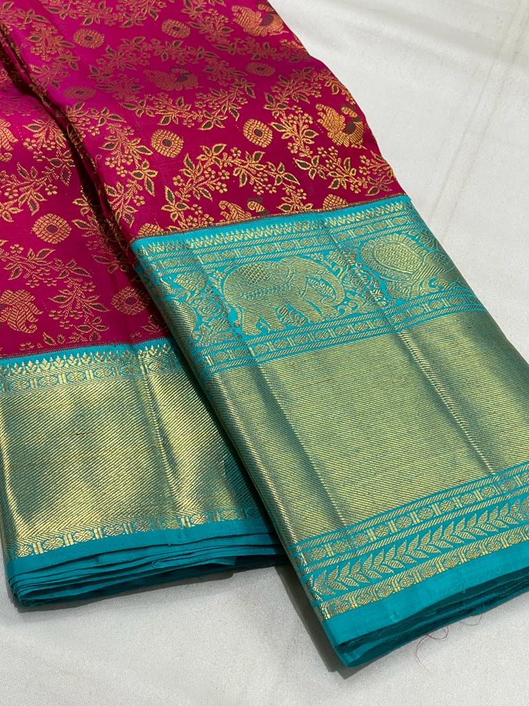 PINKISH RED / BLUE KANCHI SAREE