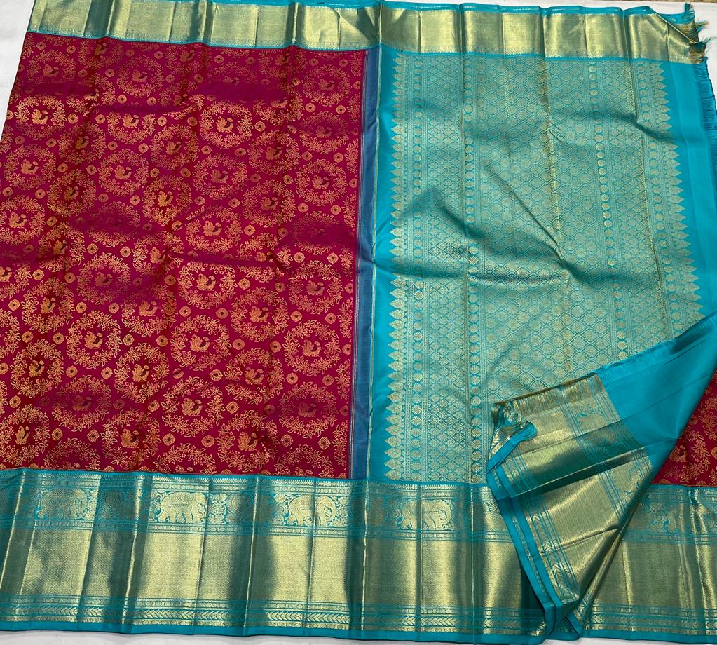 PINKISH RED / BLUE KANCHI SAREE