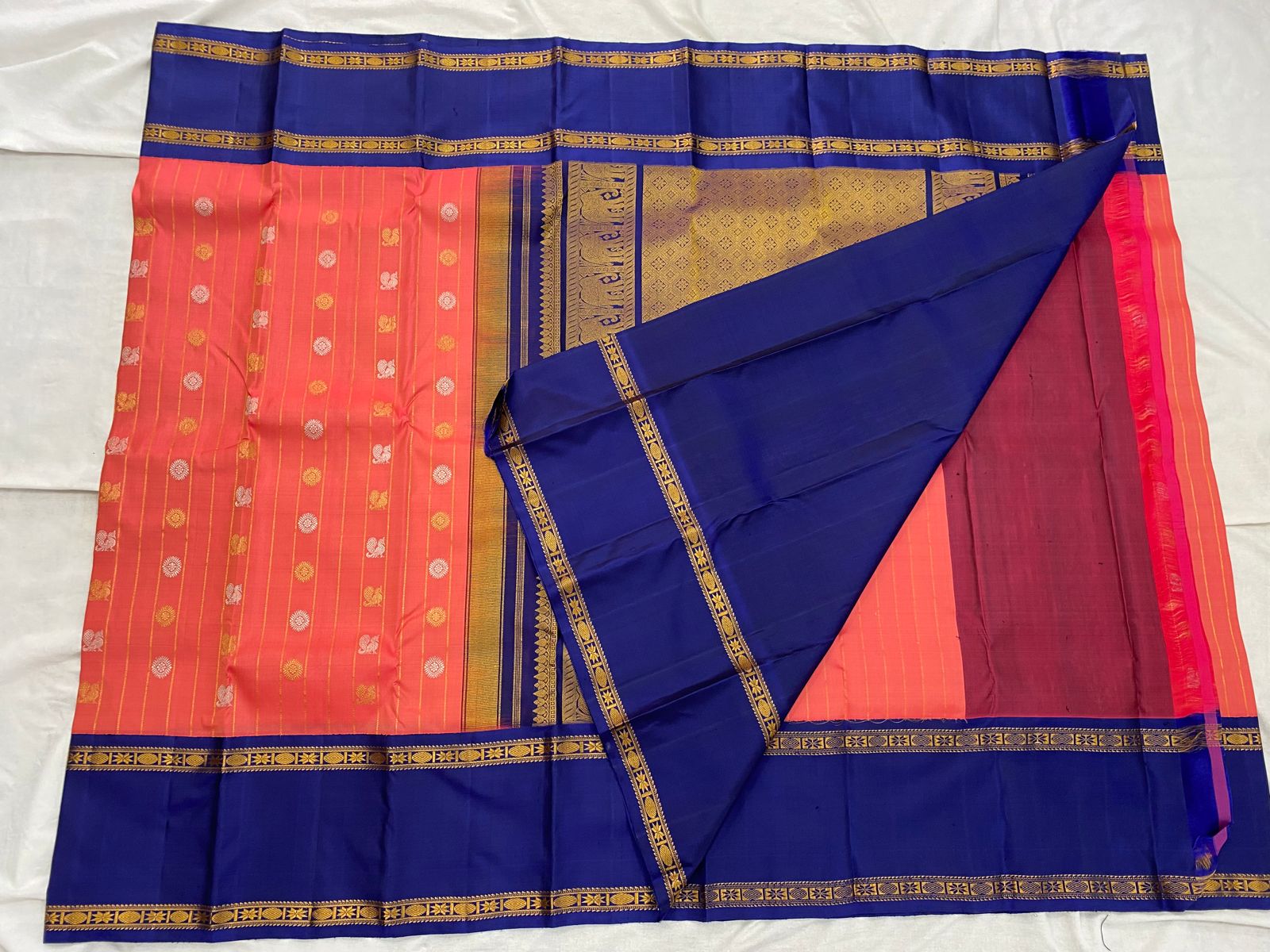 ORANGE  / NAVY BLUE  GADWAL PATTU SAREE