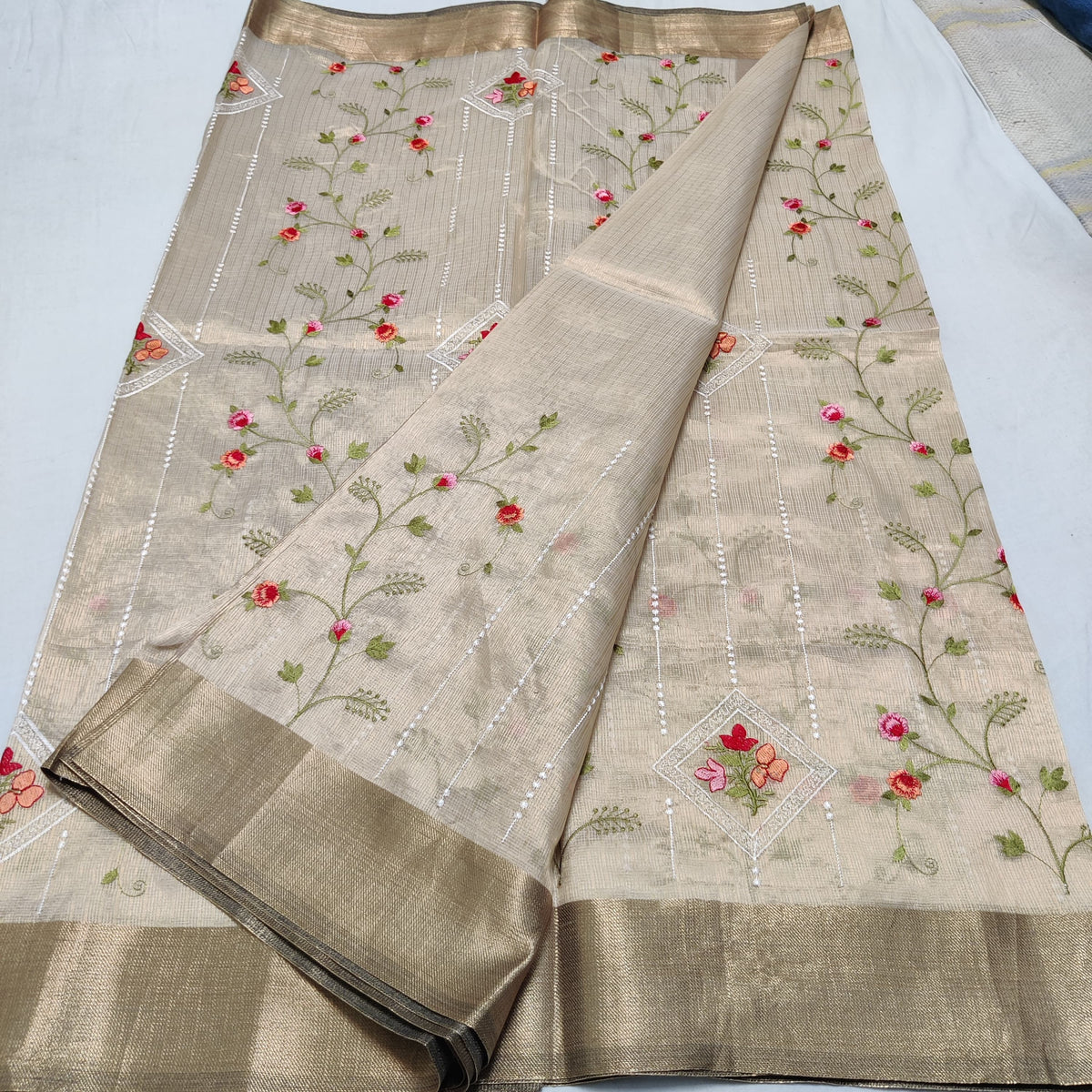 CREAM TISSUE EMBROIDERY SAREE