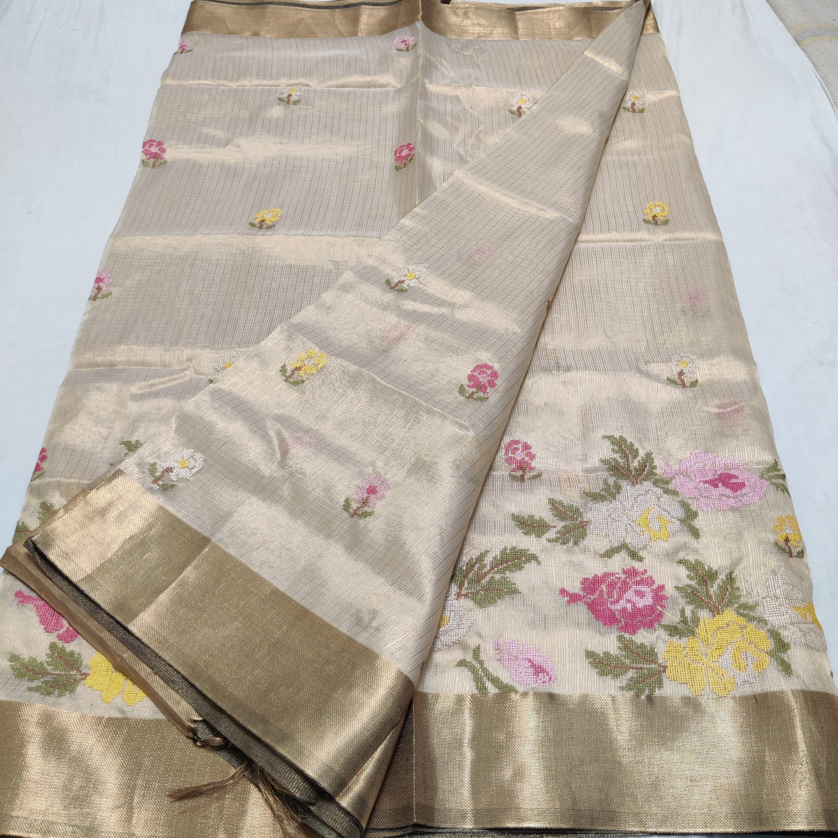 HALF WHITE TISSUE EMBROIDERY SAREE