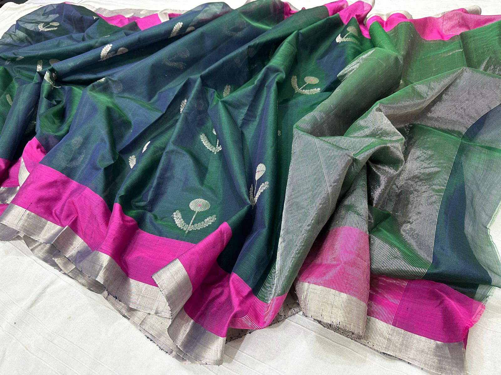 PEACOCK BLUE / PINK CHANDERI SAREE