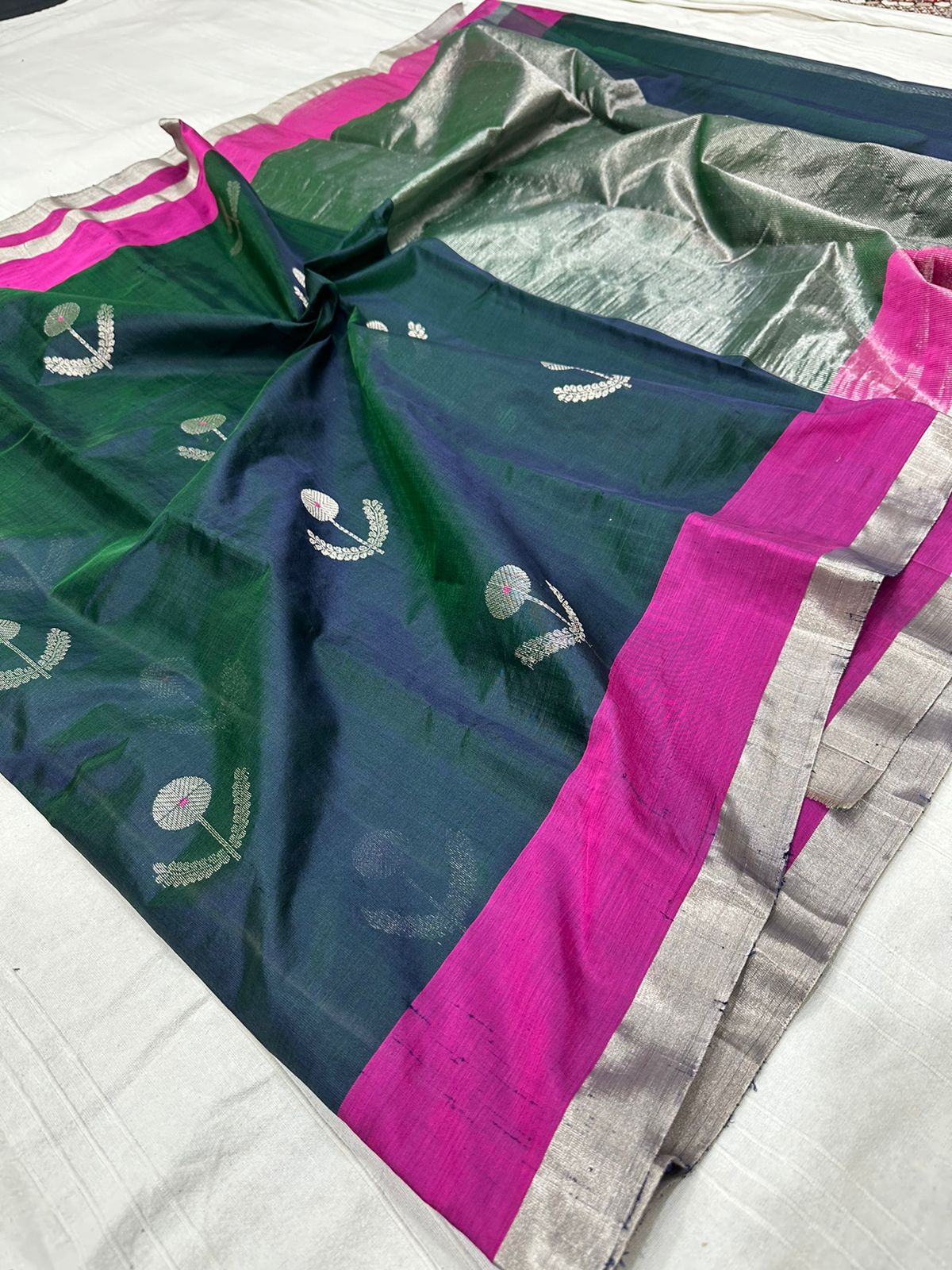 PEACOCK BLUE / PINK CHANDERI SAREE