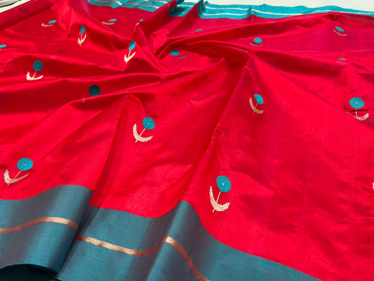 RED / BLUE CHANDERI SAREE