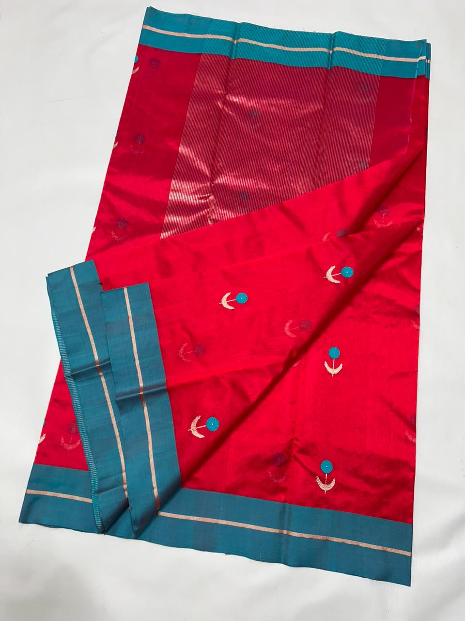 RED / BLUE CHANDERI SAREE