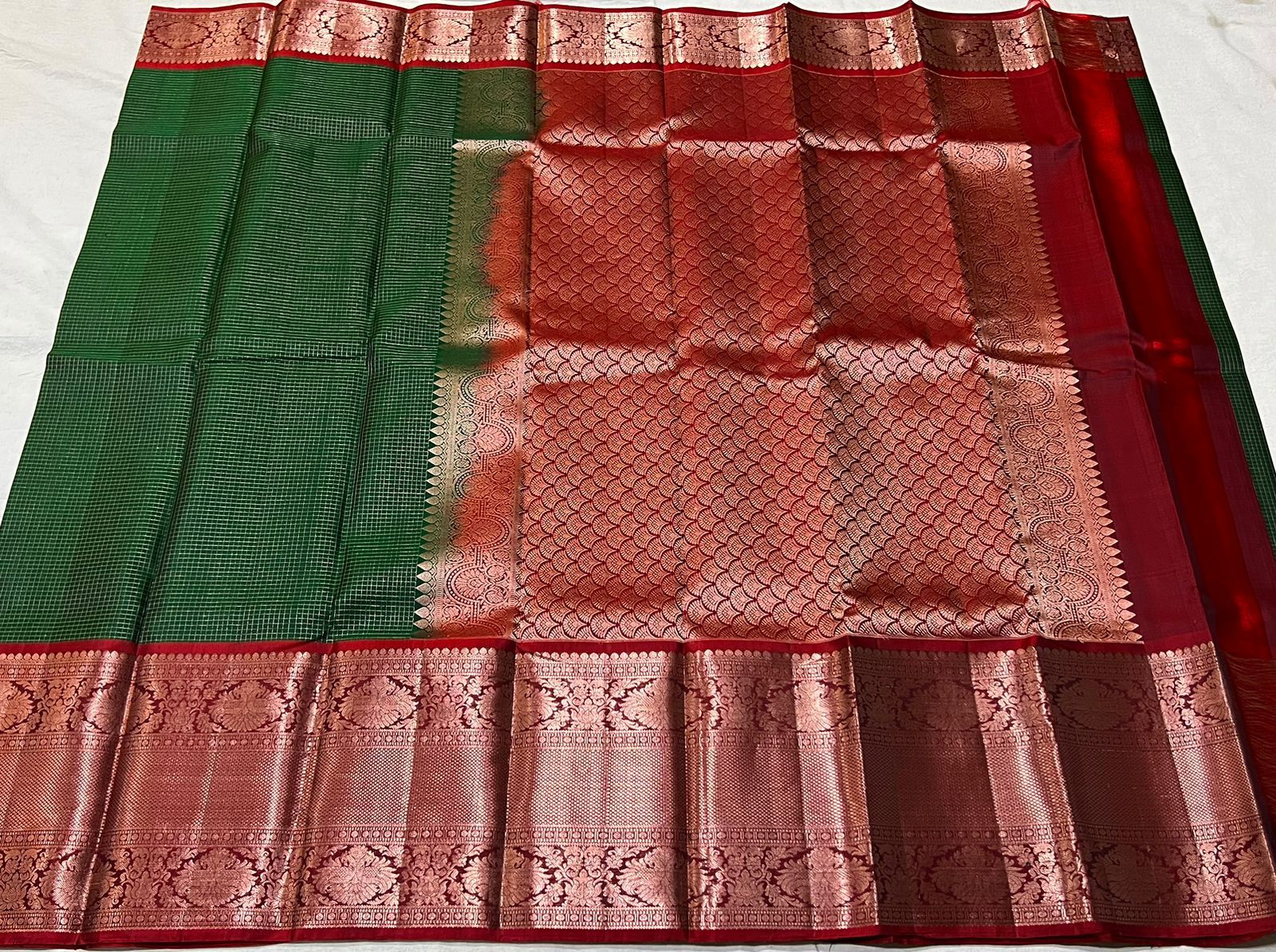 GREEN CHECK / RED  KANCHI SAREE