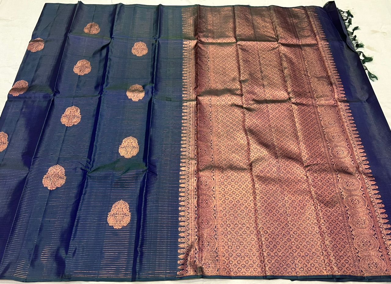 BLUE ZARI STRIPS / BUTTIS BORDERLESS SAREE