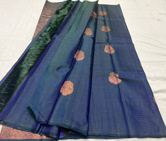 BLUE ZARI STRIPS / BUTTIS BORDERLESS SAREE