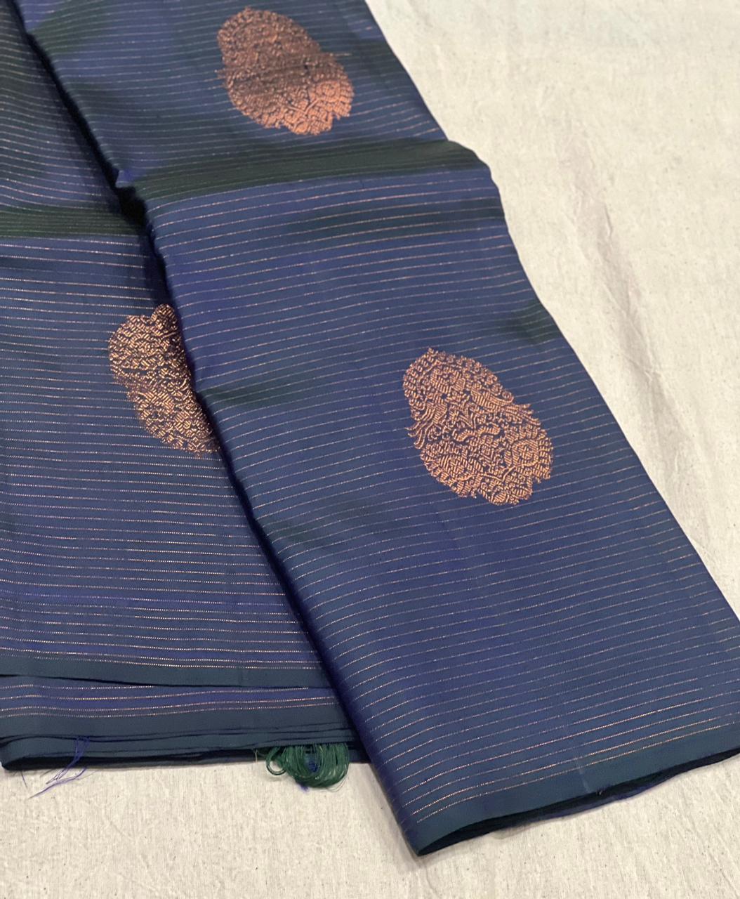 BLUE ZARI STRIPS / BUTTIS BORDERLESS SAREE