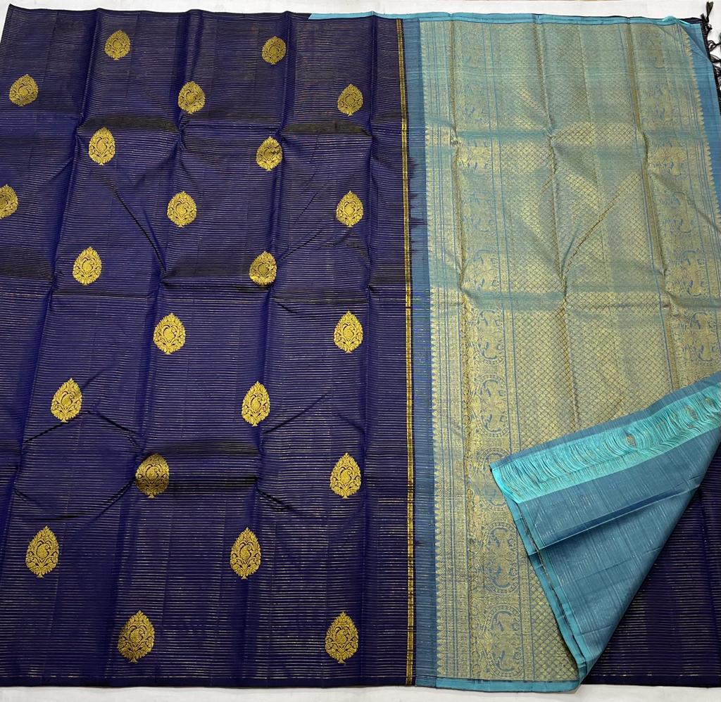 NAVY BLUE ZARI LINE BORDERLESS SAREE