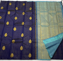 NAVY BLUE ZARI LINE BORDERLESS SAREE