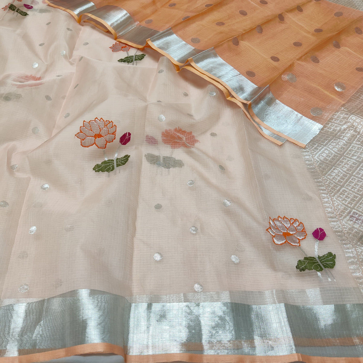 PEACH CREAM PURE ZARI KOTA SAREE