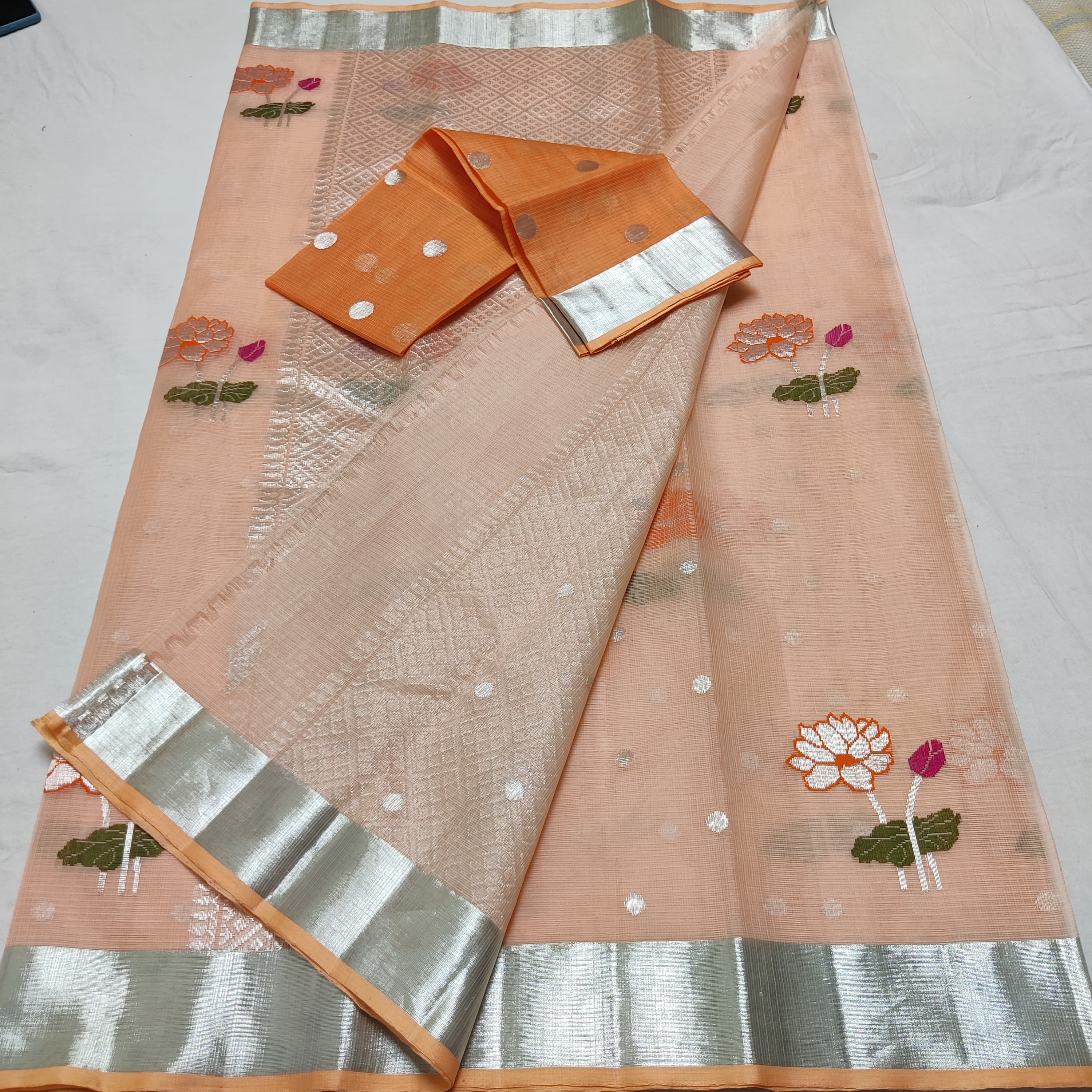 PEACH CREAM PURE ZARI KOTA SAREE