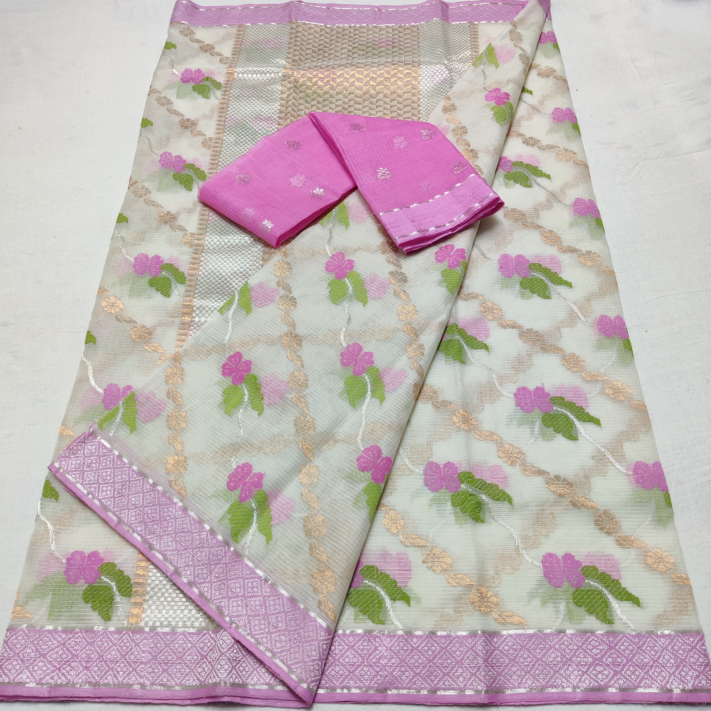 HALF WHITE / PINK PURE ZARI KOTA SAREE