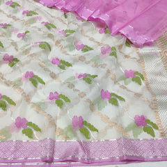 HALF WHITE / PINK PURE ZARI KOTA SAREE