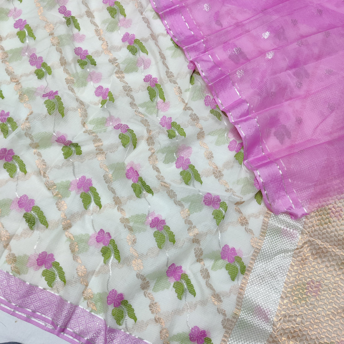 HALF WHITE / PINK PURE ZARI KOTA SAREE