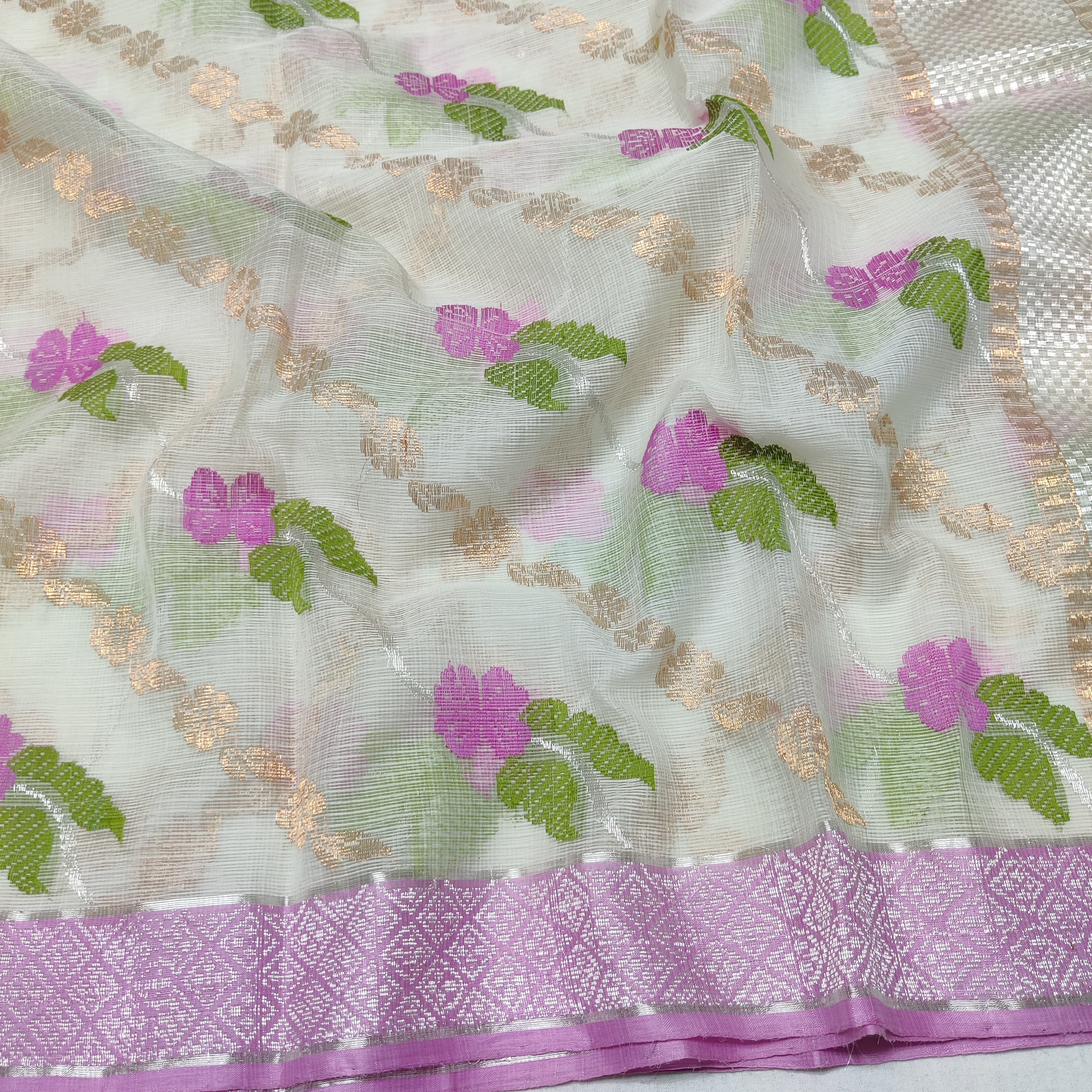 HALF WHITE / PINK PURE ZARI KOTA SAREE