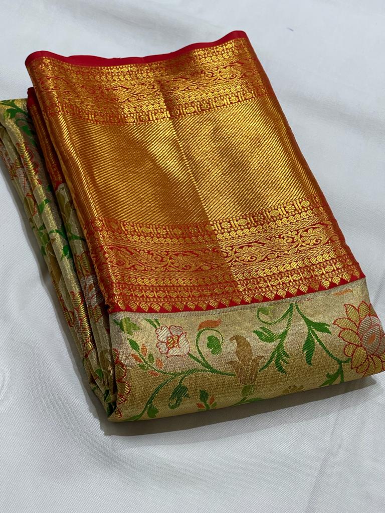 GOLD FLORAL / RED KANCHI TISSUE SAREE