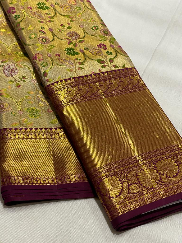 GOLD / BURGUNDY KANCHI TISSUE SAREE