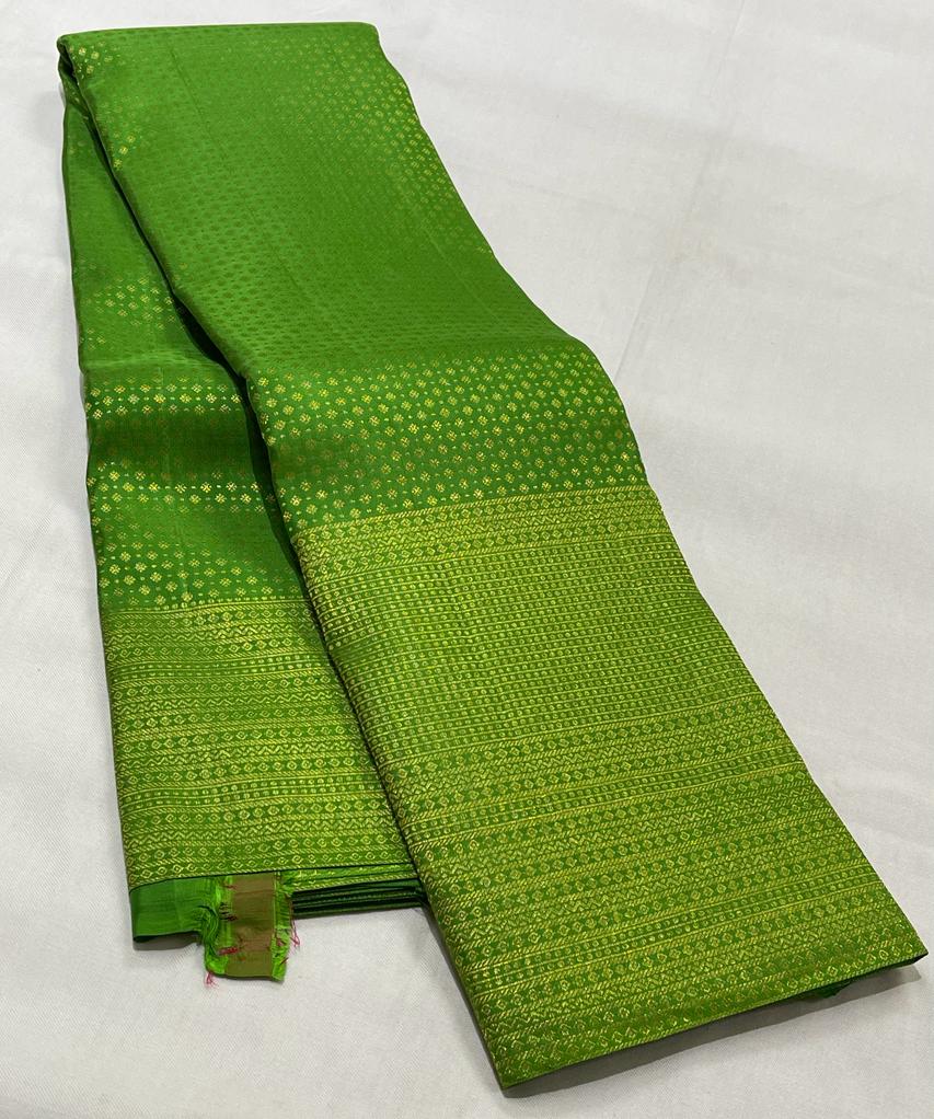 PARROT GREEN AND GOLD  KANCHI SAREES