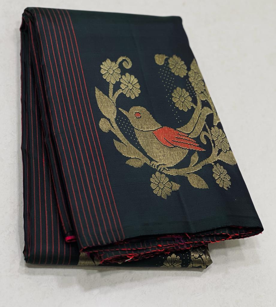 BLACK STRIPS / BIRDS KANCHI SAREE