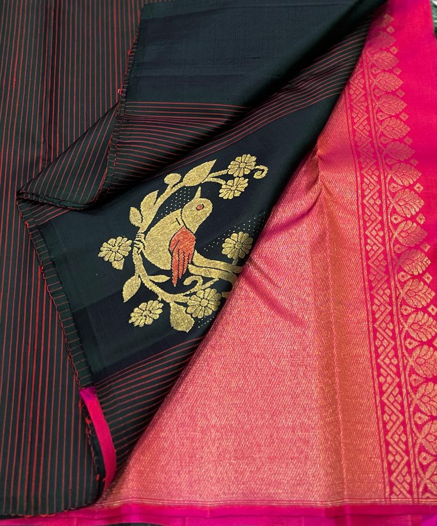 BLACK STRIPS / BIRDS KANCHI SAREE