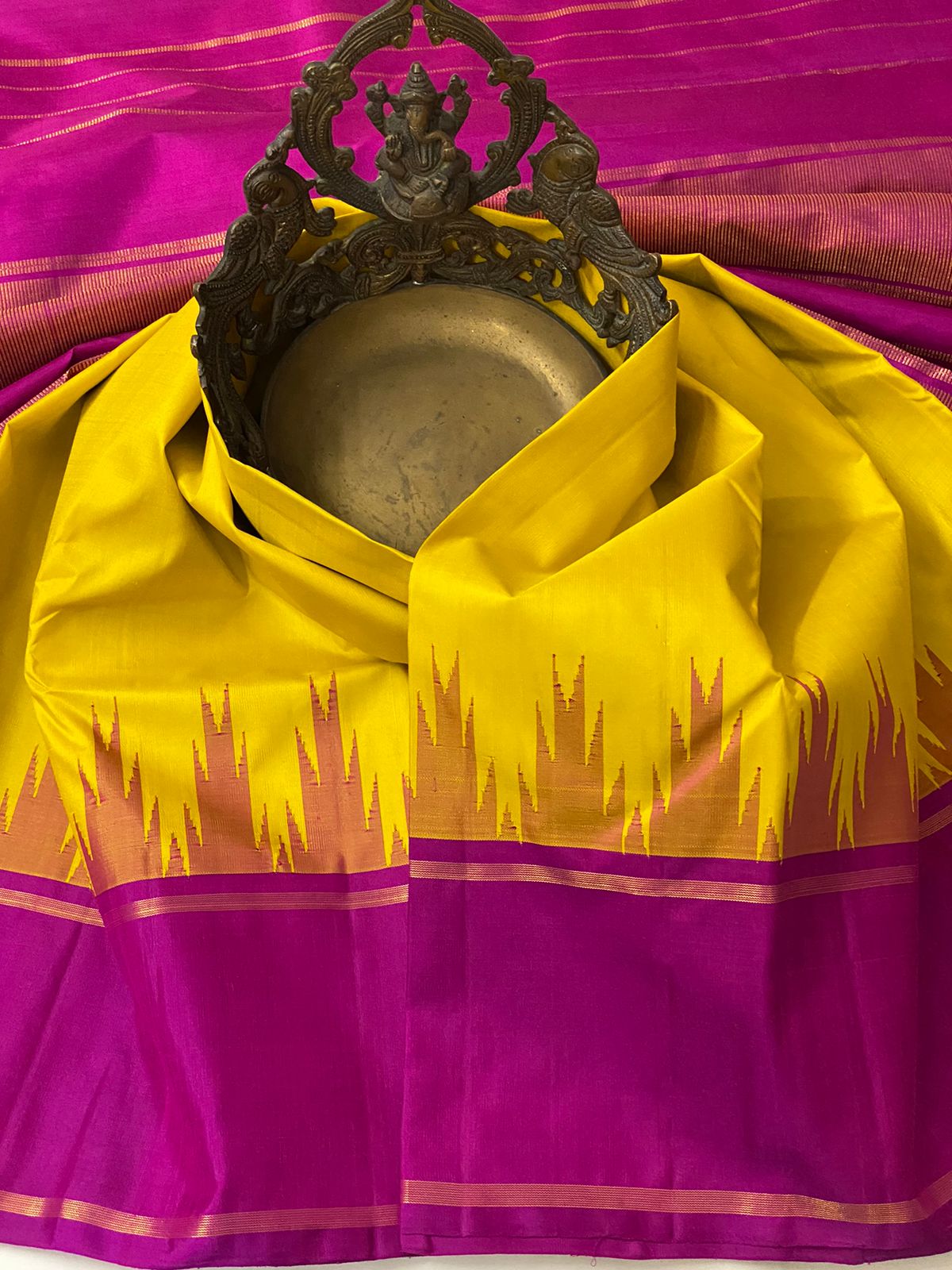 YELLOW / PINK TEMPLE  SILK SAREE